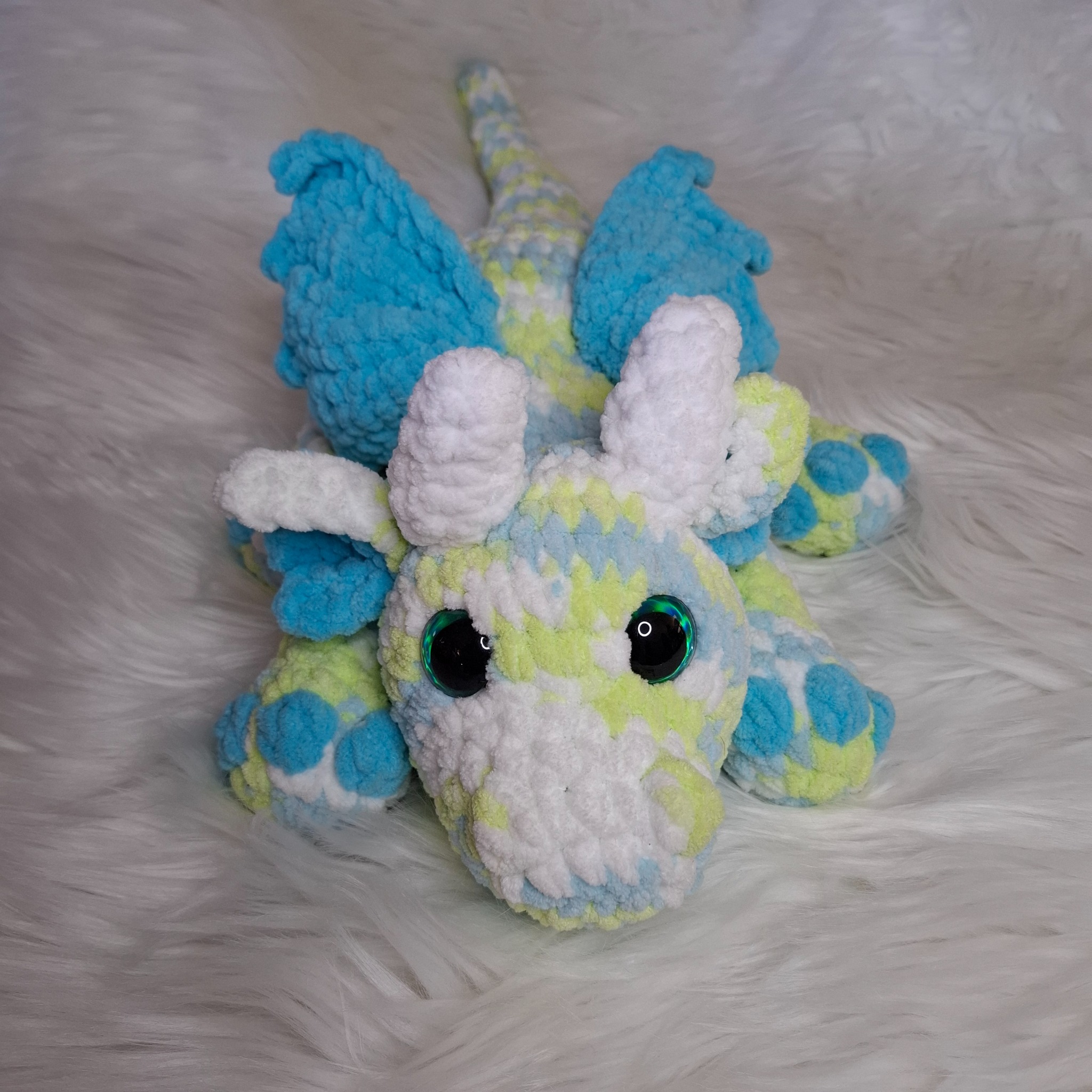 Handmade crochet dragon: turquoise and lime