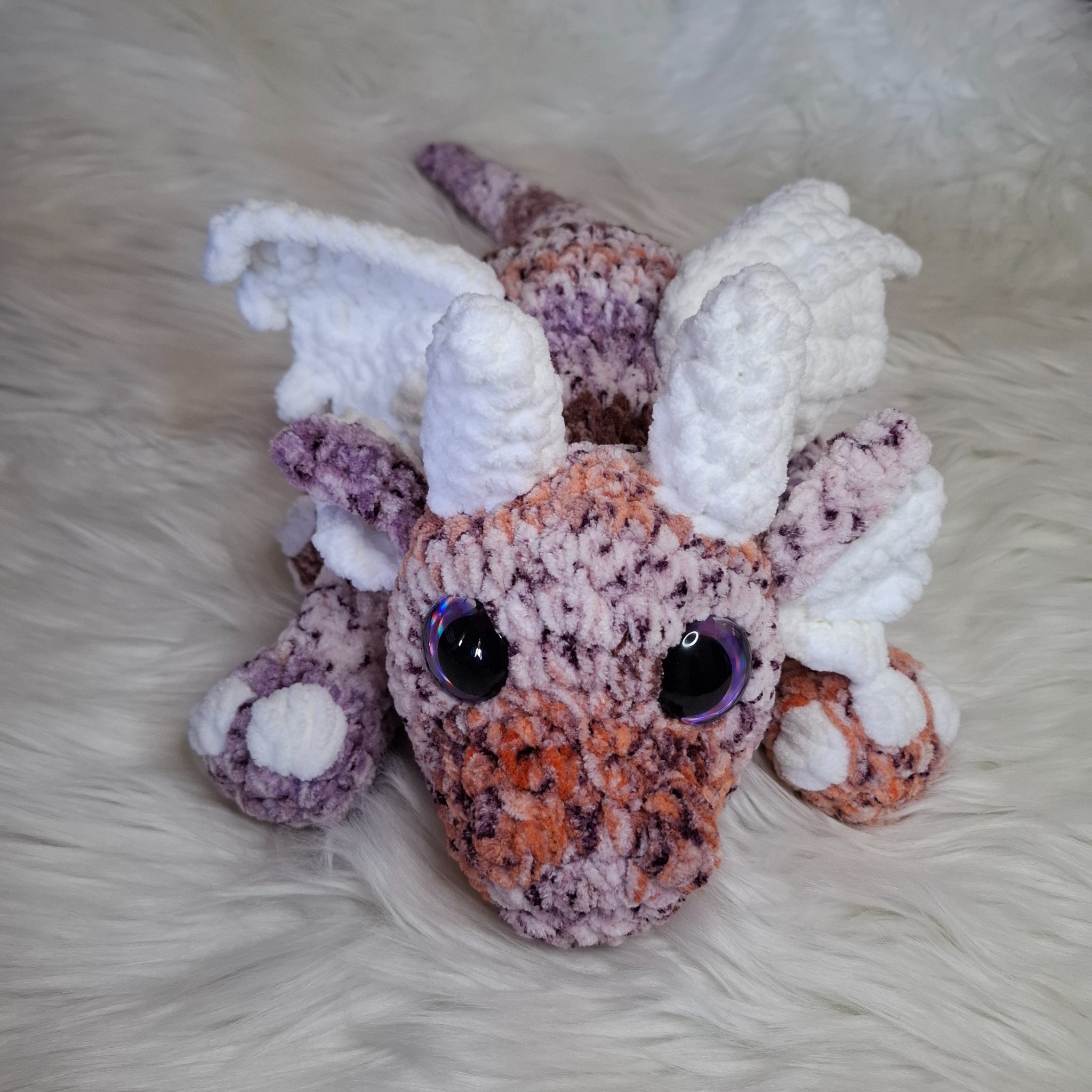 Handmade crochet dragon: rose and white